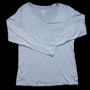 Bass Long Sleeve V Neck T. Heather Gray with Light Blue. Large